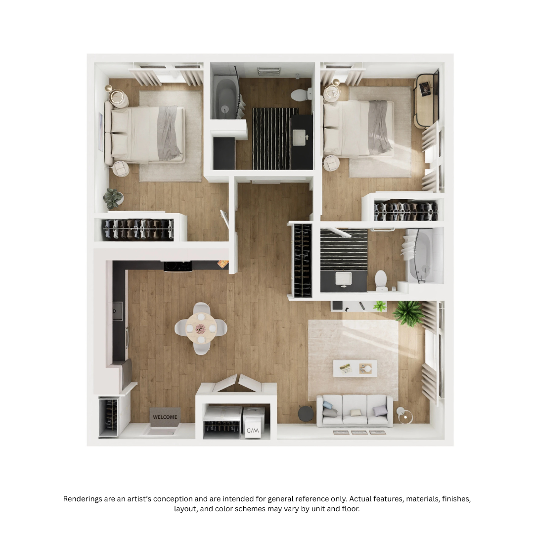 Floor plan for 2 beds, 2 baths, 959 sqft